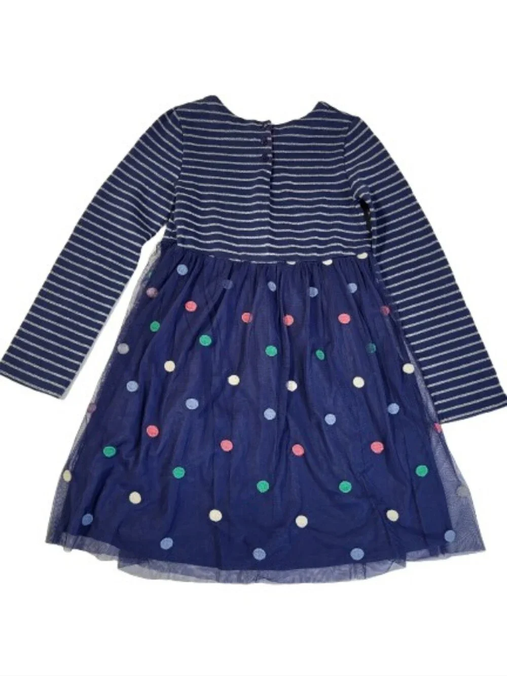 Mini Boden Jersey Tulle Long Sleeve Dress Polka Dots Navy Blue Stripes sz 9-10